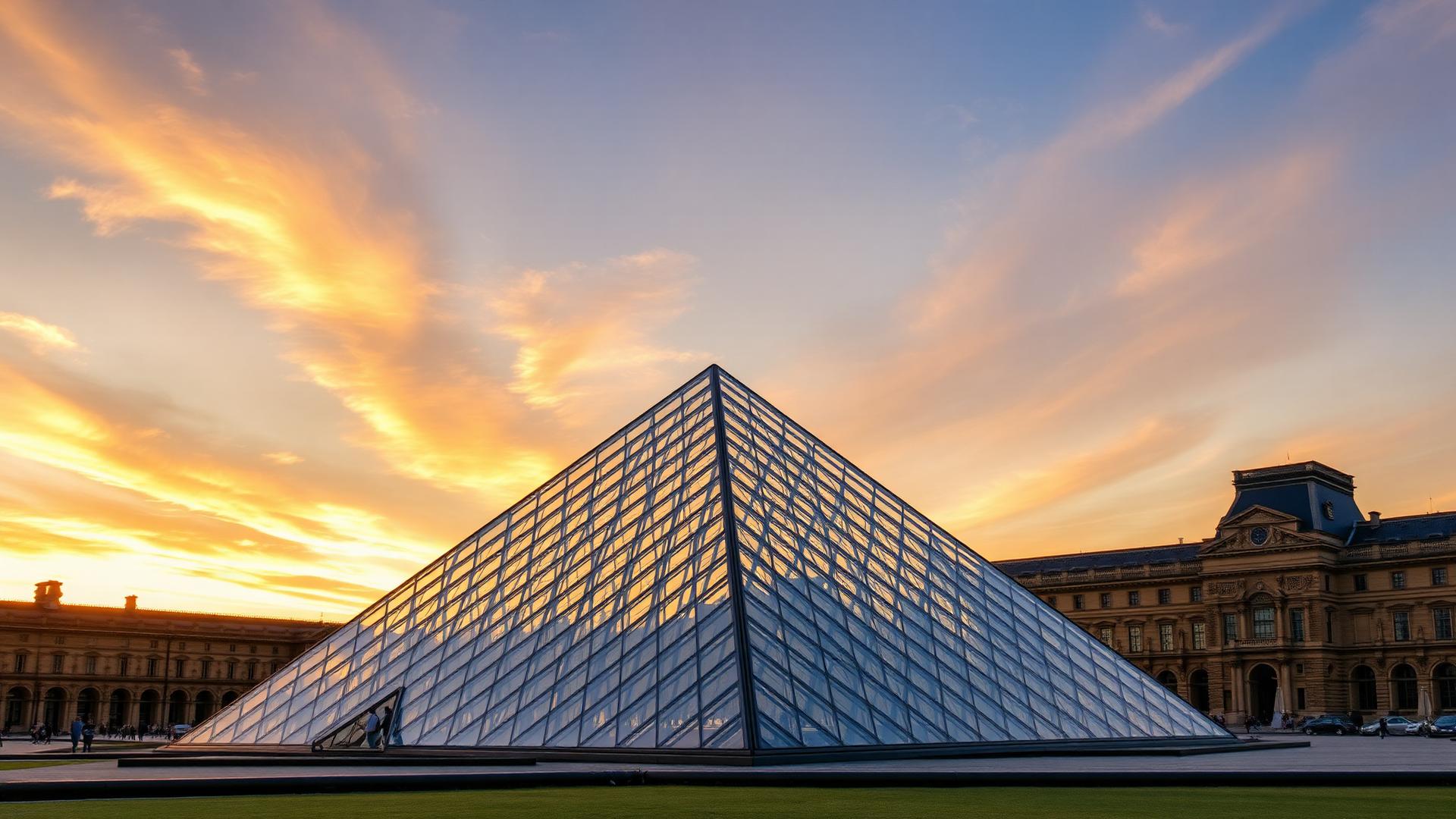 The Louvre glass pyramid at sunset